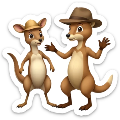 man with an Australian hat and a kangaroo in a playful fight, simple expressions sticker