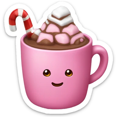 pink mug of hot chocolate with a candy cane sticker