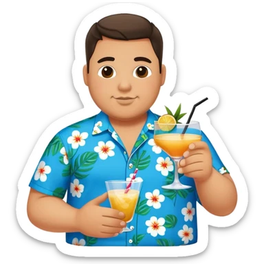 chubby guy full figure in a flowered azure havai shirt holding a cocktail sticker