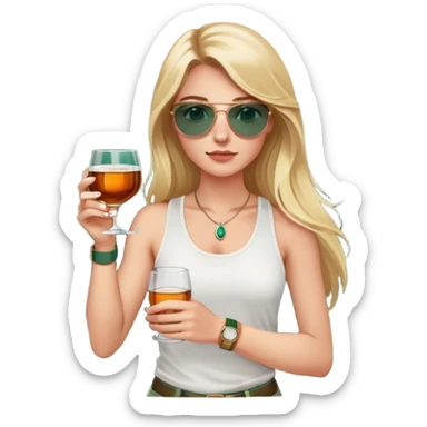 girl with long blond hair
with blue eyes
and aviator sunglasses
wearing white tank top 
holding a glass of whiskey 
wearing rose gold apple watch with forest green band  sticker
