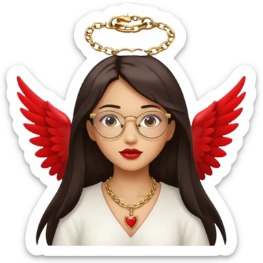 Angel girl with eyeglasses and Middle parted hair long dark hair with red lipstick  and push gold necklaces and dark eyes with withe wings sticker