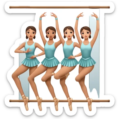 Icon for Choreography: a group of dancers in identical poses, standing by a wall with all wall long mirror, holding a long barre with one hand. The icon should capture the discipline and synchronized movement of dance training. Transparent background. sticker