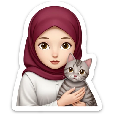 White girl wearing maroon hijab with white dress holding a black and grey tabby cat sticker