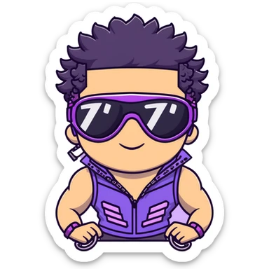 male athlete with white skin and moderately curly black hair on top with shaved sides, wearing ski goggles with purple frames and very dark black lenses, a simple plain black chain necklace, and a completely unzipped sleeveless vest with purple and black sequin fire pattern design, fully revealing his chest, shoulders and arms, no earrings sticker