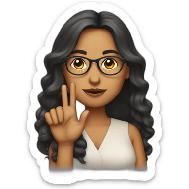 Indian woman with medium long wavy hair wearing glasses, showing one hand with crossed fingers sticker