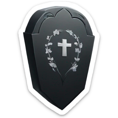a black tombstone with the inscriptions in silver RIP and a silver heart in the center sticker
