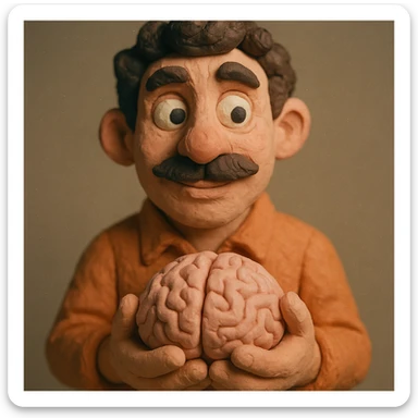 Enhance the claymation man holding a brain by adding more depth and dimension to the image. Make him more attractive and quirky, inspired by the first version, with dark curly hair, thick mustache, light skin, claymation style, visible fingerprints, and pastel colors. sticker