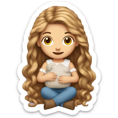 woman with very long light brown hair sitting on the ground crocheting baby clothes sticker
