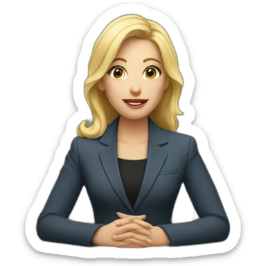 Blonde white woman wearing a suit sitting on the table telling the news towards the camera sticker