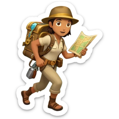 An icon featuring an adventurer in a dynamic action pose with treasure map, ancient ruins and jungle landscapes in the background. The design includes clues, hidden passages and climbing gear, symbolizing the thrill of exploration and discovery. Transparent background. sticker