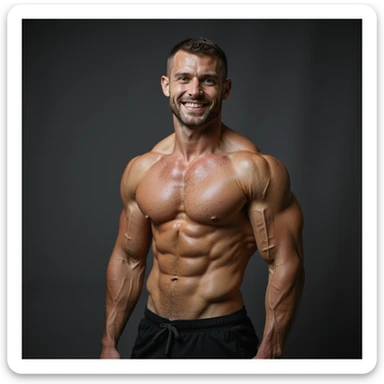 realistic 4K photo of a crossfit male athlete with athletic and proportionate physique, glowing skin, visible muscles, natural lighting, gym background, smiling sticker