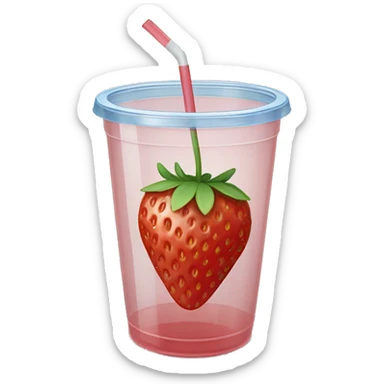 a single strawberry in a clear plastic cup that has water - there is also a straw with a lid sticker