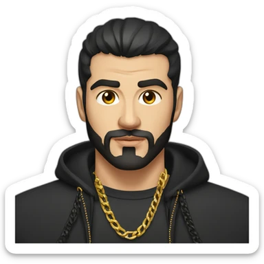 Russian muscular thug man aged 26 wearing gold chain with black hair and short beard sticker