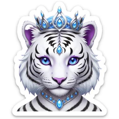 ESO Female white/black tiger khajiit leader of the umbral rose, glowing blue eyes, glowing blue 'third eye' gem; beautiful desined purple gemmed silver tiara sticker