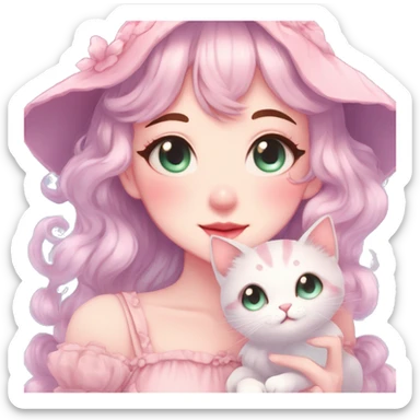 Gorgeous pastel anime style lady with blushing face and holding a kitten cottagecore fairycore pastelcore colorful pearly romantic simplistic aesthetic trending style sticker