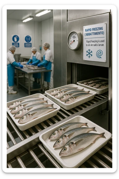 a fish processing facility where freshly caught fish are placed on trays and moved into a large industrial freezer. A temperature gauge shows -20°C, and an educational label explains that rapid freezing (abbattimento) is used to kill Anisakis larvae. The background includes workers in protective clothing and clear signage about food safety. sticker
