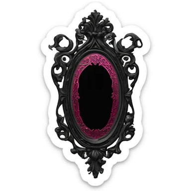"Design a Victorian Gothic mirror with an ornate black frame featuring scrollwork and filigree. Include accents of dark red and burnt pink. The mirror glass should be gray, creating a mysterious and somber look." sticker