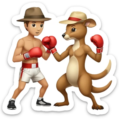 man in an Australian hat boxing with a kangaroo sticker