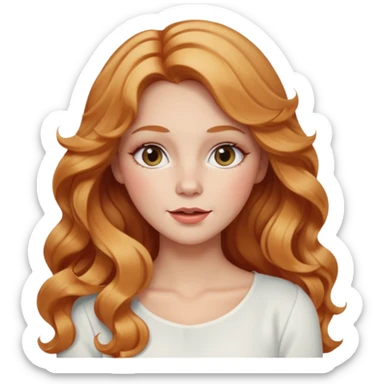 white adult woman with strawberry blonde super long wavy hair, white top, blushed cheeks sticker