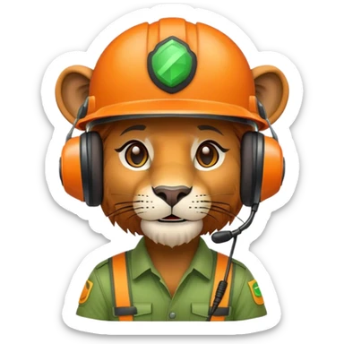 Head of Simple cute Lion wear helmet and call center headset in green and orange theme in 2d sticker