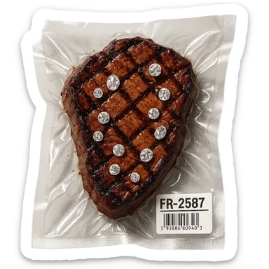 grilled steak with scattered diamonds, glossy, vacuum-sealed style sticker
