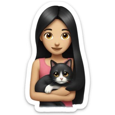 girl with very long black hair and  hugging a cat  sticker