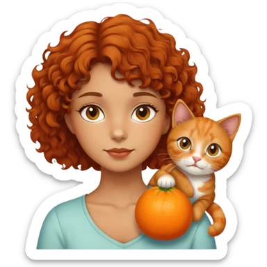 Girl with brown short curly hair hanging an orange cat sticker