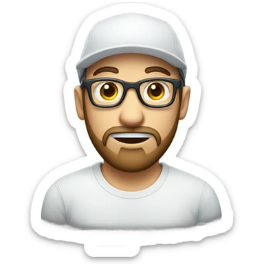 rounded white skinned face with beard, wearing squared eyeglasses and a cap sticker