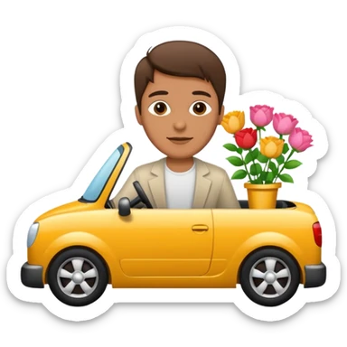 Man driving a car, holding flowers sticker