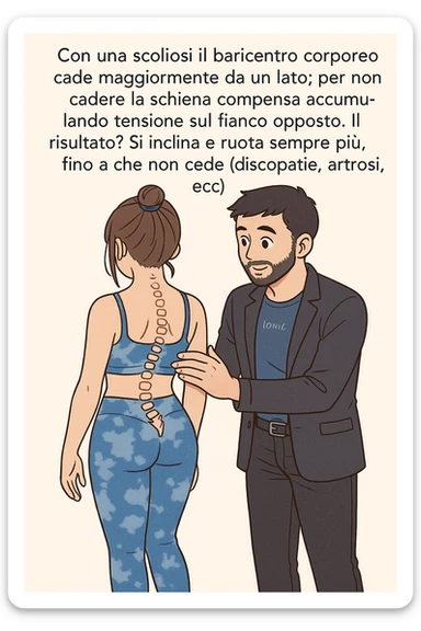 fai questa immagine in versione manga/webtoon a colori con stile di disegno carino e moderno, il manga mostra la donna di spalle, mentre l'uomo le tocca la spina dorsale per spiegarle come funziona la scoliosi:
Con una scoliosi il baricentro corporeo cade maggiormente da un lato; per non cadere la schiena compensa accumulando tensione sul fianco opposto.
Il risultato? Si inclina e ruota sempre più, fino a che non cede (discopatie, artrosi, ecc) sticker