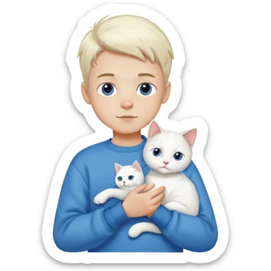 A boy in a sweatshirt holding a white cat sticker