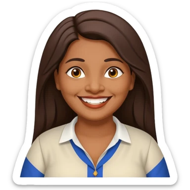 50 yr old chubby Sri Lankan woman, dark skin, straight brown hair, big smile, white teeth, european clothes, longer hair sticker