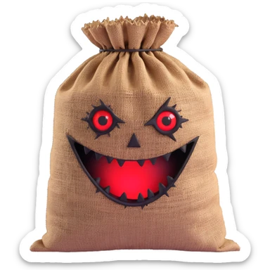 terrifying burlap sack face with jagged stitches and glowing red eyes sticker