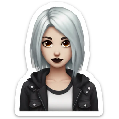 Pale girl with black eyeshadow and burgundy hair with an emo haircut that’s long and layered holding a black cat sticker