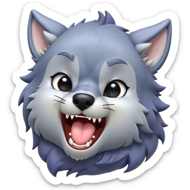 Cinematic Cute Yawning Werewolf Portrait Emoji, with a cuddly, miniature lupine form in soft moonlit grays and silvers, head leaning back in a big, adorable yawn that reveals a few fuzzy teeth, simplified yet irresistibly charming, highly detailed with a soft glowing outline that captures the drowsy, playful essence of a werewolf mid-nap! sticker