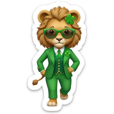 confident anthropomorphised female lion in St. Patrick's Day green clothes with shamrock accessories, dark sunglasses, walking upright, looking self-assured sticker