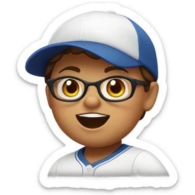 Fair skinned chubby brown eyed girl with glasses in baseball cap running sticker