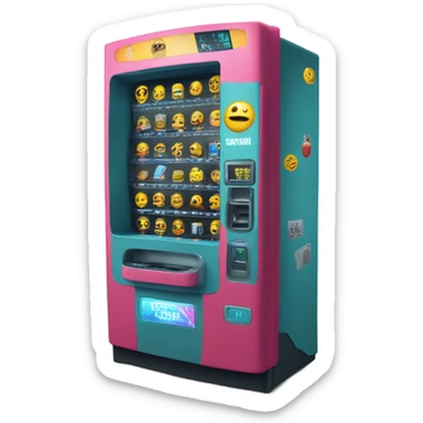 sci-fi concept vending machine, damaged, sentient, confused face sticker