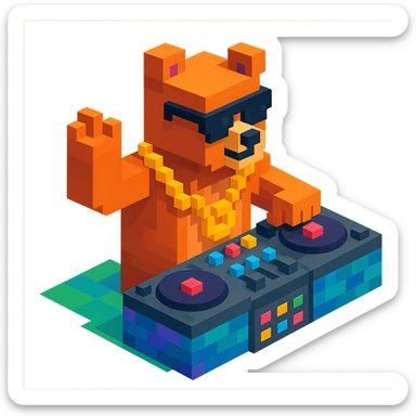 Russian grizzly bear with a rapper chain, posing with a DJ setup in a club scene sticker