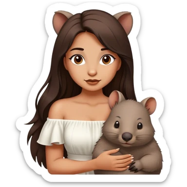 Beautiful woman in 1950’s woman fashion look, off-shoulder white dress, long dark brown hair, wombat sticker