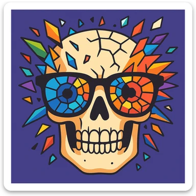 Enhance the skull with shattered mosaic sunglasses, making the head explosion more detailed and vivid in a cartoonish style with vibrant toon aesthetics. sticker