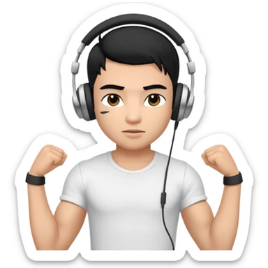 a pretty bratz fair indian boy with black hair. lean but muscled, wearing a white tshirt. headphones on sticker