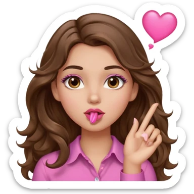 girl with long wavy brown hair, brown eyes, light to medium complexion, in a pink shirt, pink lips, long lashes, blowing a kiss sticker