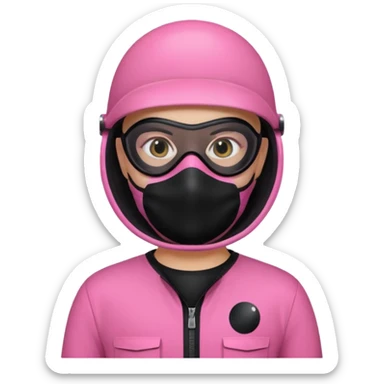 guard from Squid Game Round 6 wearing pink jumpsuit and black mask with white circle, apple emoji style sticker