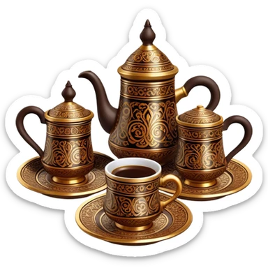 Turkish Coffee Set – Cinematic Realistic Turkish Coffee Set, depicted as an elegantly arranged ensemble of ornate coffee cups and a traditional cezve pot, adorned with intricate patterns and rich, warm colors, rendered with detailed textures and soft ambient lighting that captures its cultural heritage. sticker
