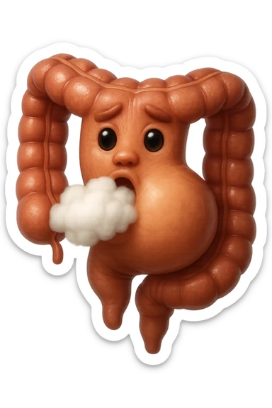 emoji stile iphone di un intestino che ingoia una nuvoletta di aria ben visibile e gli si gonfia la pancia, non fargli il naso, iperrealistico 4k sticker
