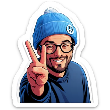 Man with glasses and beanie making peace sign sticker