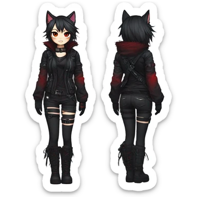 Gorgeous gothic dark techwear anime style anthro cat furry with blushing face aesthetic and pretty edgy black red punk messy ponytail hair with collar and harness trending style sticker