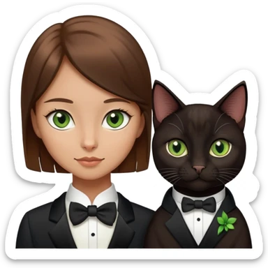 brown haired girl with light tan skin and brown eyes holding a black Bombay cat with green eyes and a black and white Tuxedo cat with hazel eyes sticker
