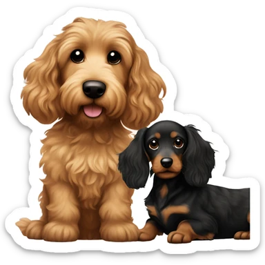 Brown golden doodle and black and tan and cream longhair dachshund sitting together  sticker